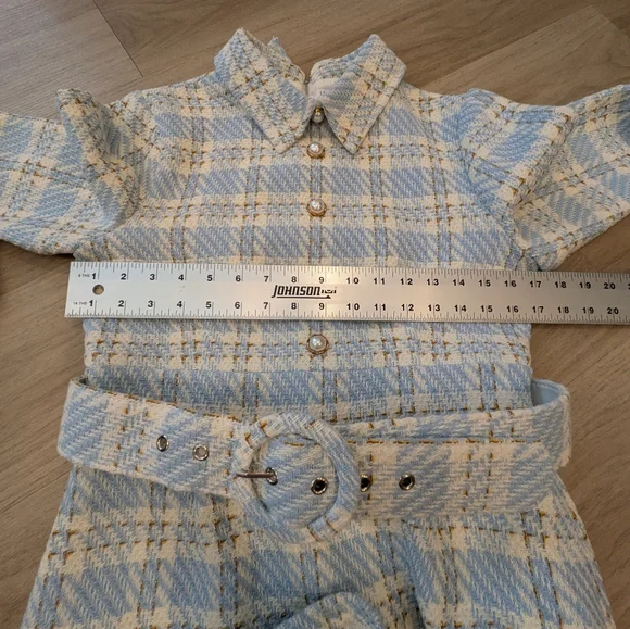 Ivy City - White Blue Plaid Long Sleeve Dress with Belt And Pearl Buttons - Picture 4 of 6